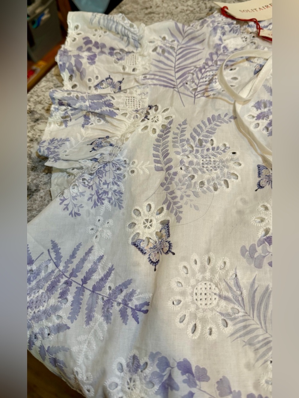 Solitaire White Boho Top with light Lavender and beige floral butterfly Print